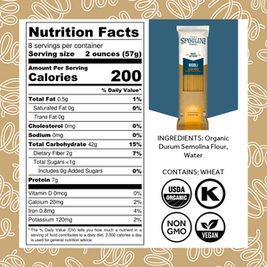 Nutrition Label for Sfoglini Organic Durum Semolina Wheat Pasta - Bigoli 